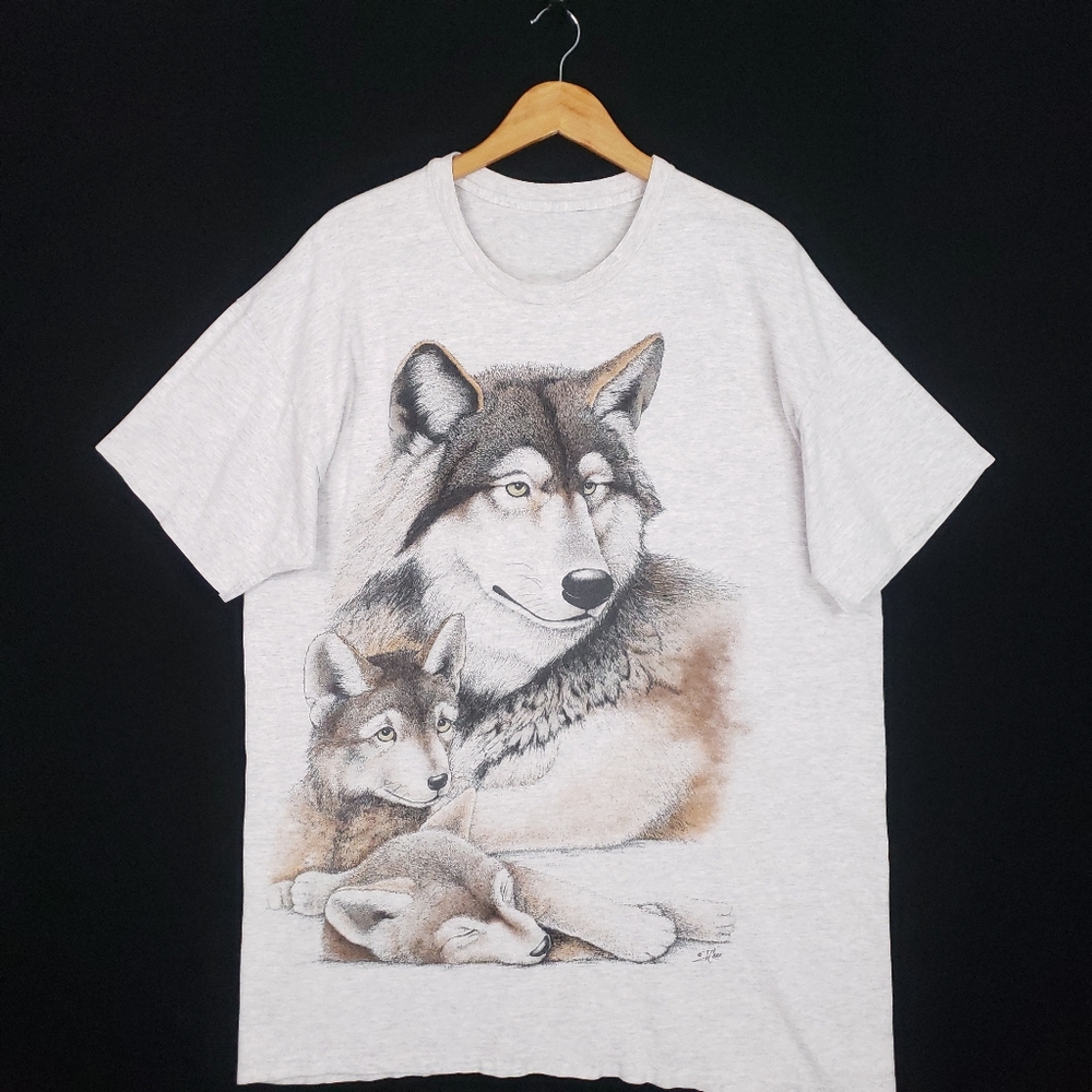 Vintage 90s Wolf Cubs Wolves Husky Mother Single Stitch Nature Animal T-shirt